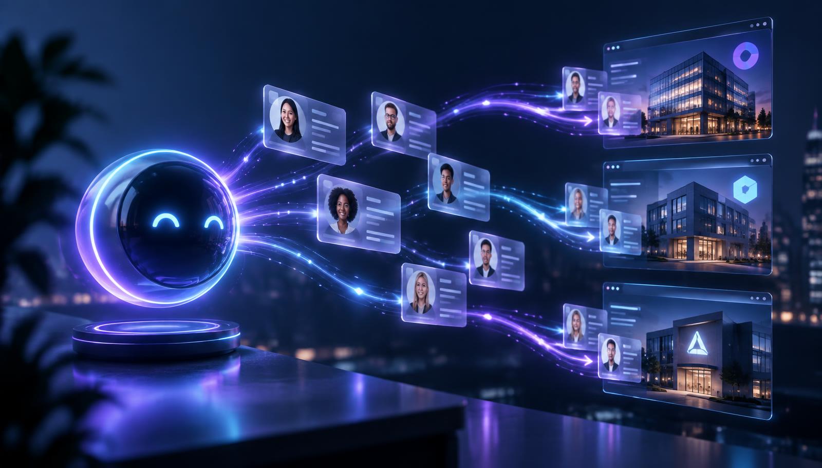 A glowing AI agent orb sending tailored application cards along light trails into company hiring portals on a dark screen