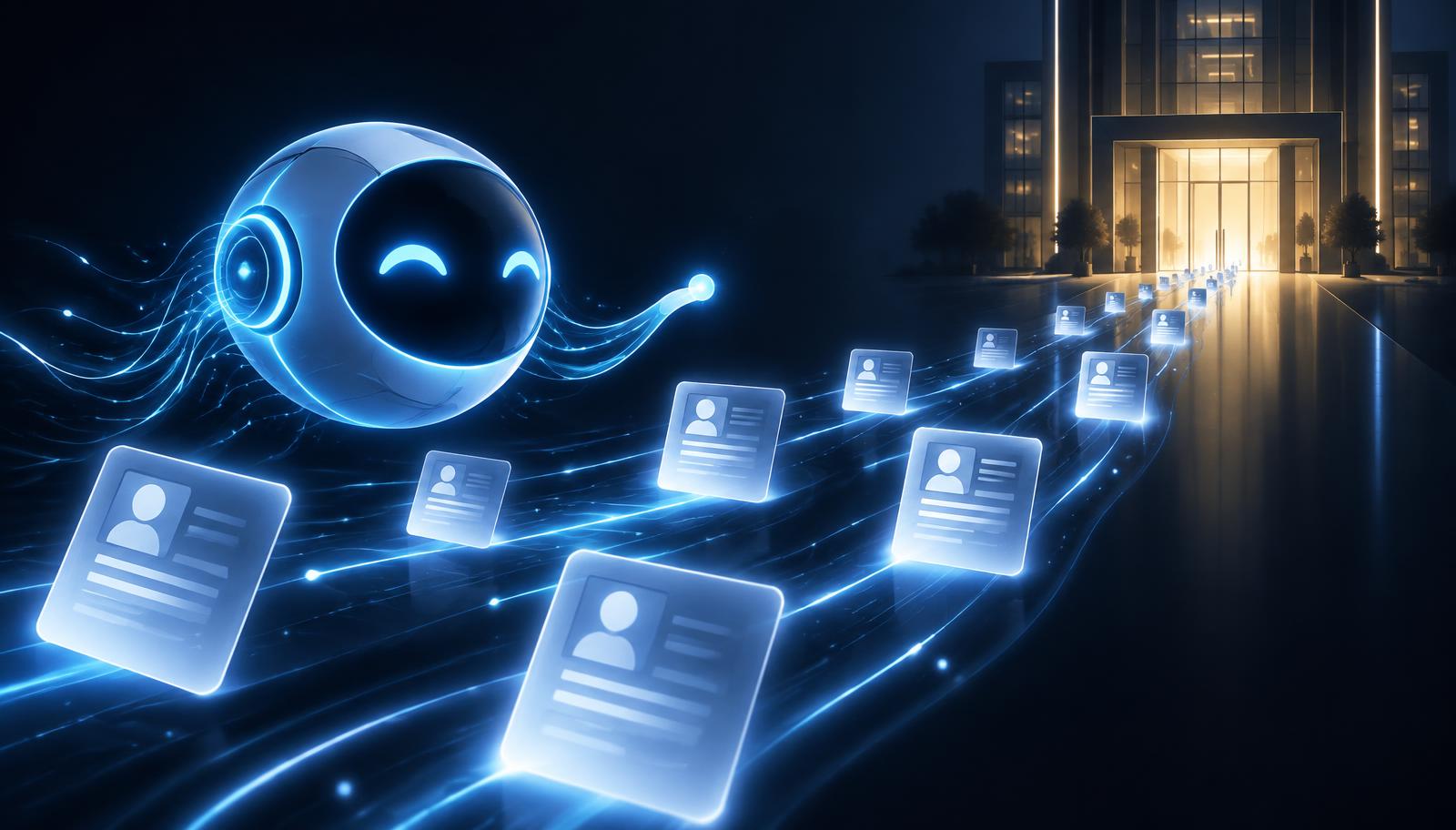 A glowing AI job bot guiding streams of application cards toward a lit office entrance on a dark background